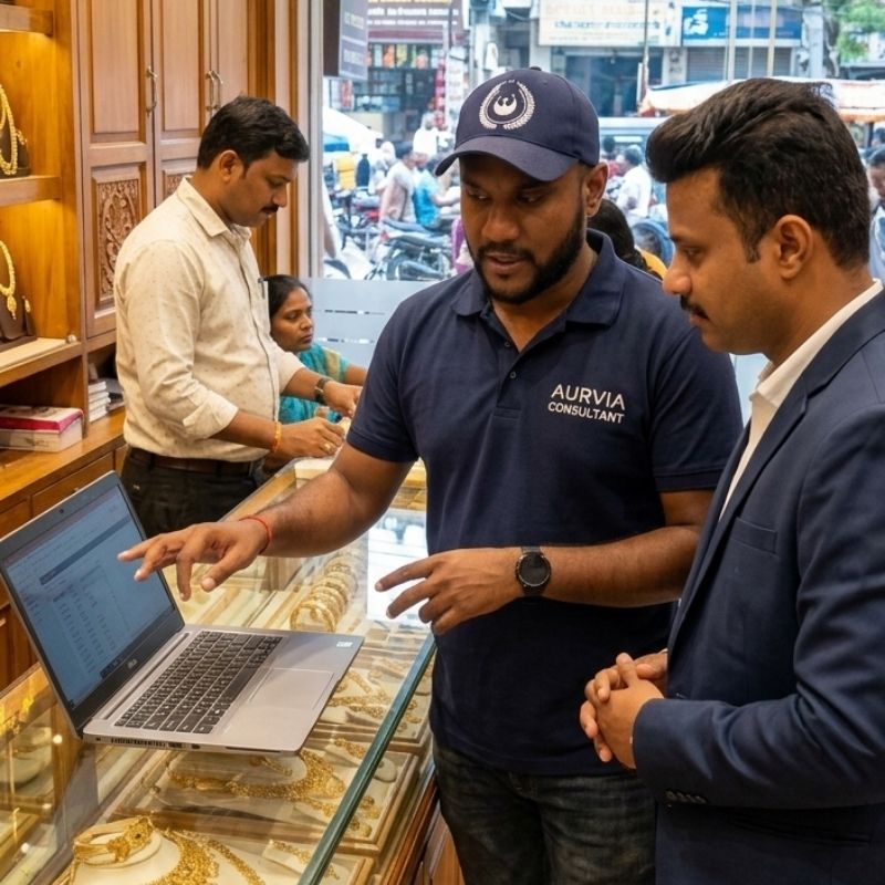 Aurvia consultant advising a jewellery store owner in Hyderabad